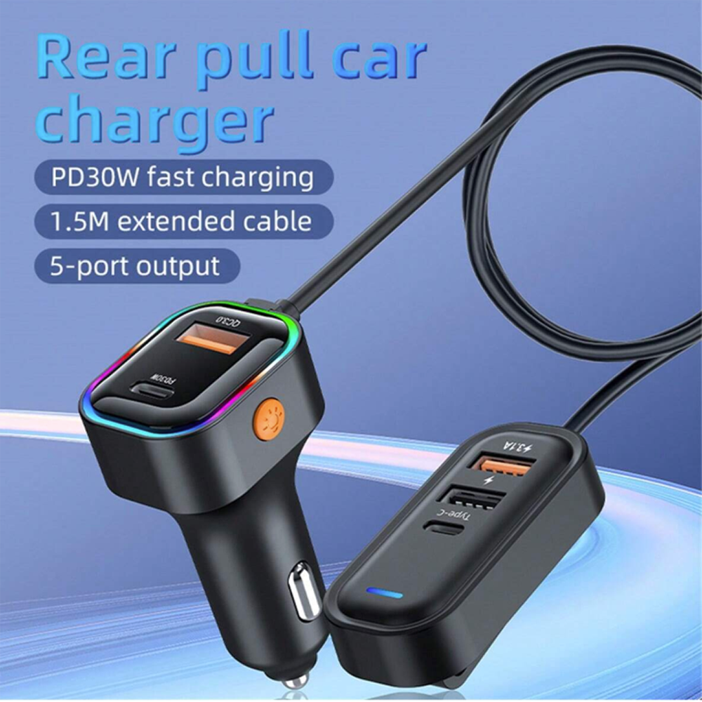 Cargador De Carro Plug In 30W USB-C PD y USB QC3.0 extensión de 1.5mts soporta 5 dispositivos Moreka CP0072