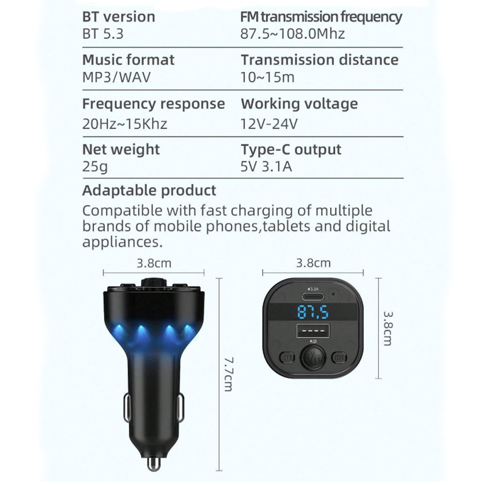 Plug in Trasmisor FM Bluetooth De Carro Moreka CP0074 Plug In 3.1A USB