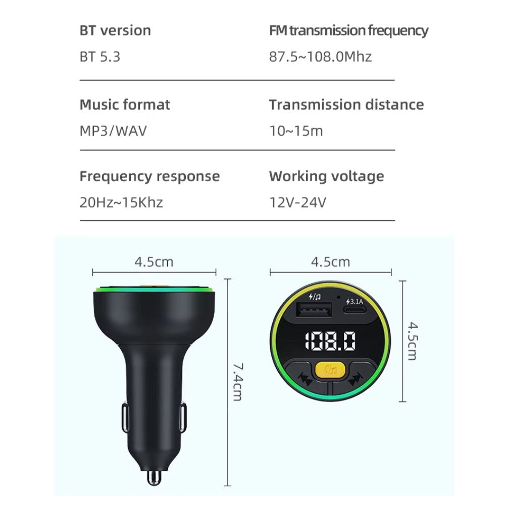 Cargador Trasmisor FM Bleutooth De Carro Moreka CP0074 Plug In 30W USB