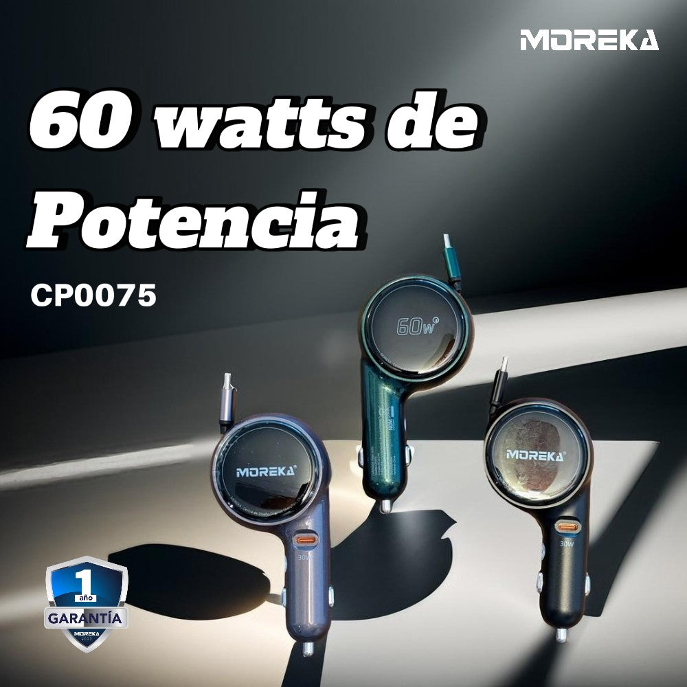 Cargador De Carro retráctil Moreka CP0075 Plug In 60w tipo C 80cm