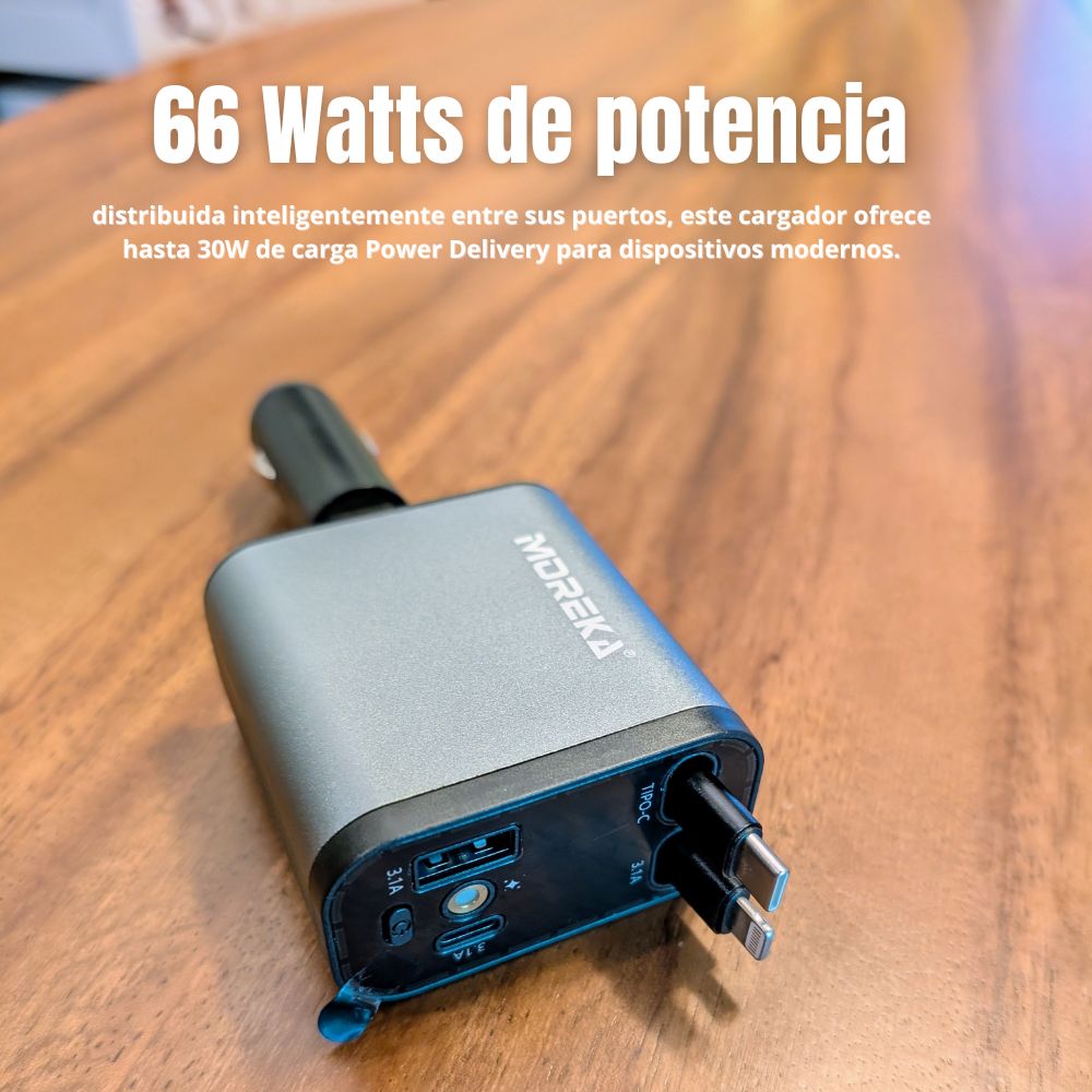 Turbo Cargador De Carro 66W PD30W 3.1A Moreka CP0091 PlugIn cables retractil IP y C