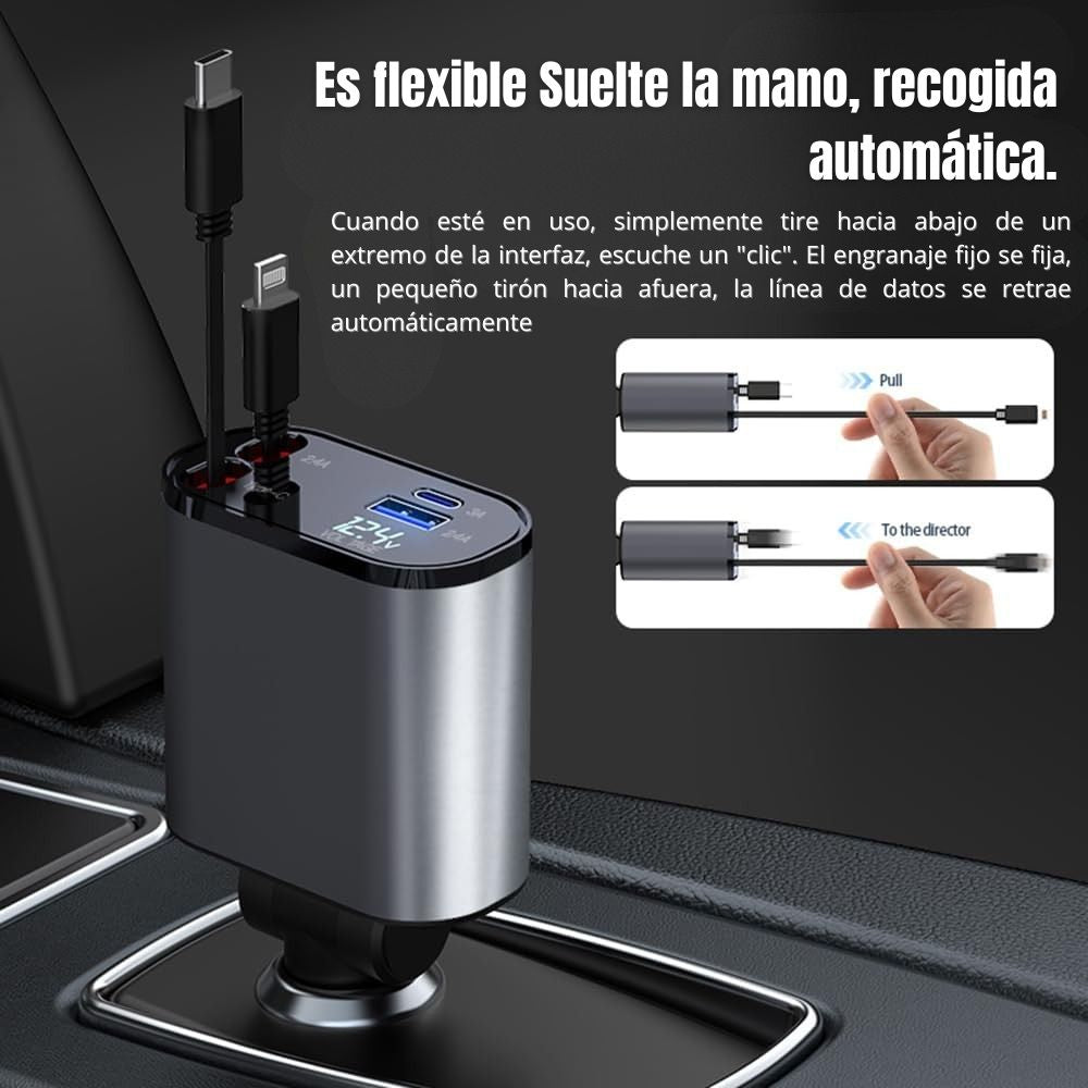 Turbo Cargador De Carro 66W PD30W 3.1A Moreka CP0091 PlugIn cables retractil IP y C