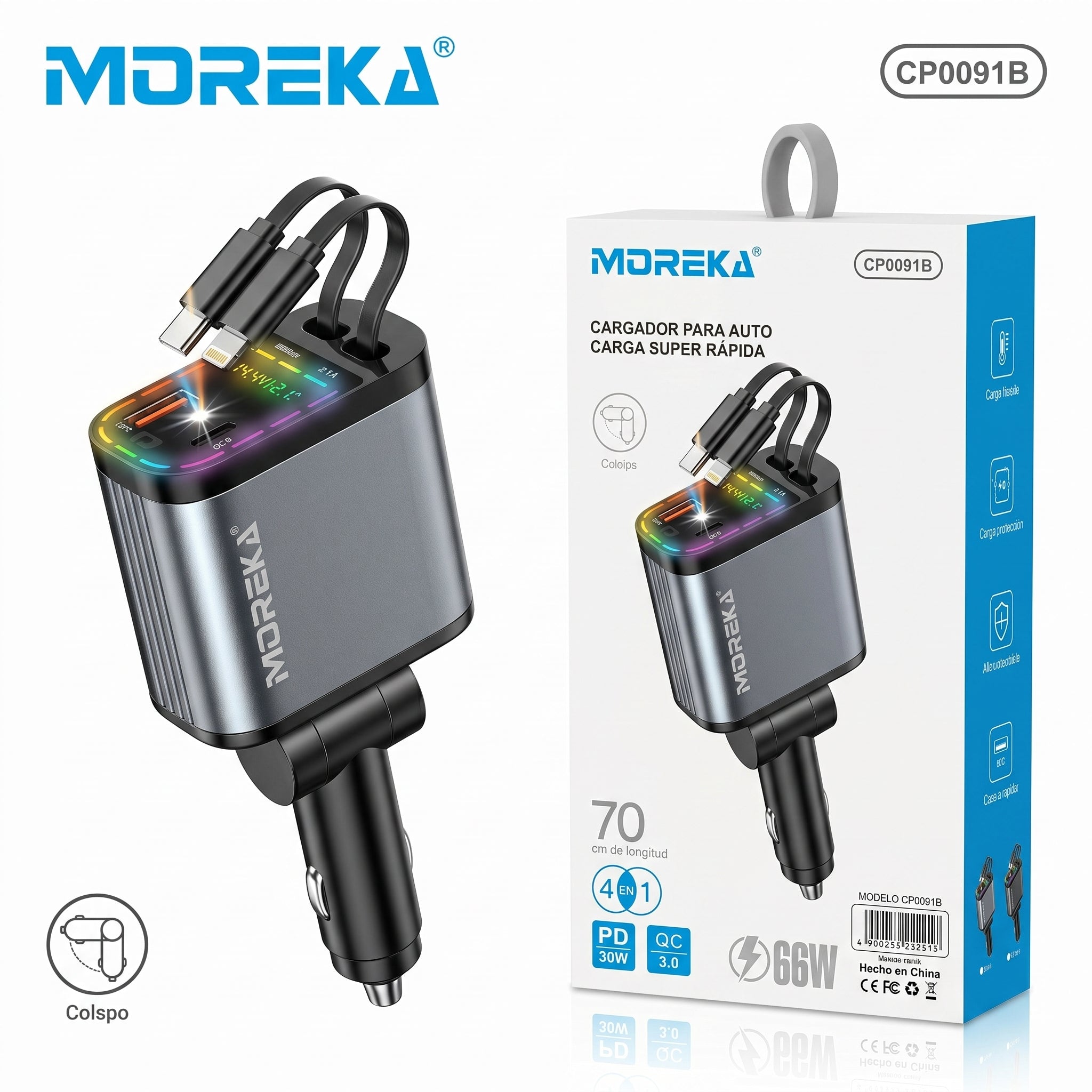 Cargador para Auto 70cm 66W 4 en 1 con Pantalla  Colspo CP0091B