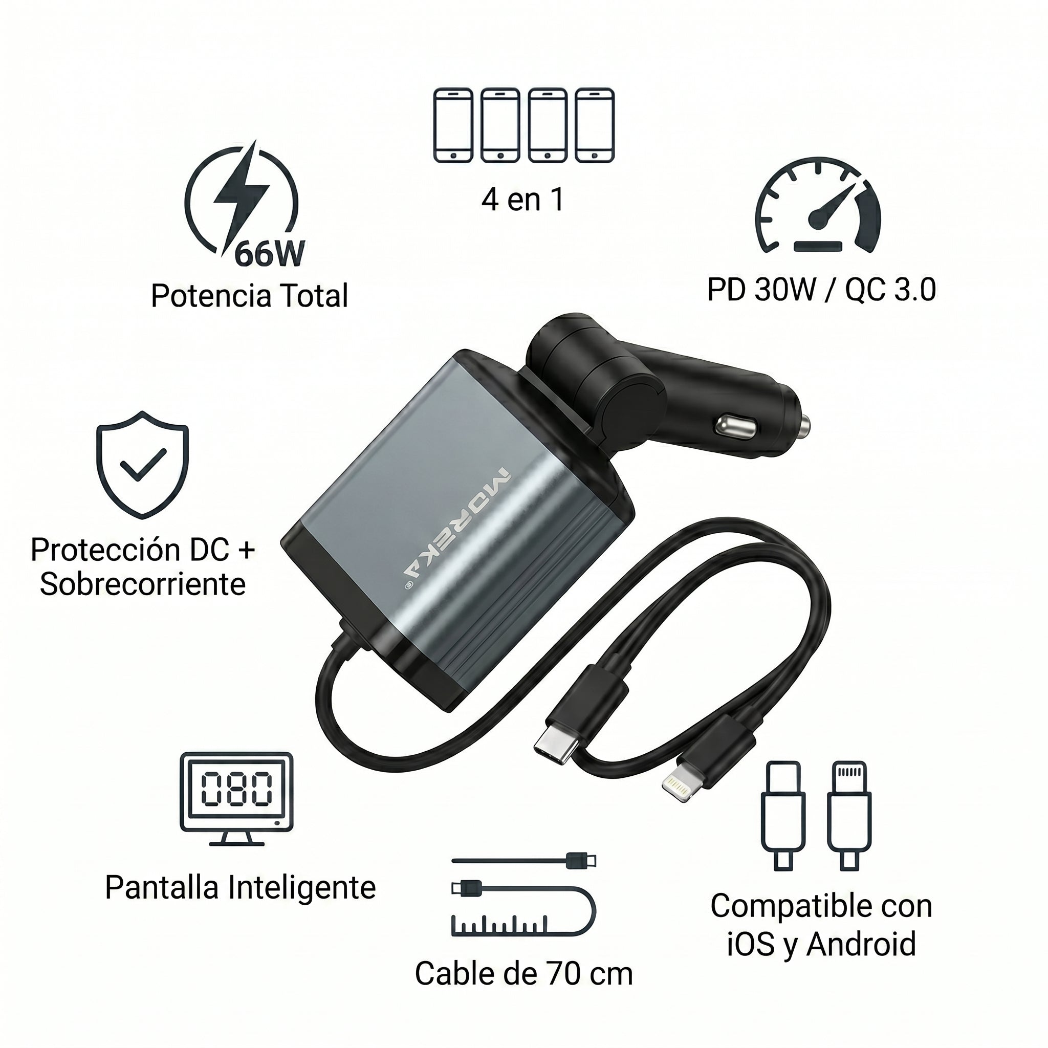 Cargador para Auto 70cm 66W 4 en 1 con Pantalla  Colspo CP0091B