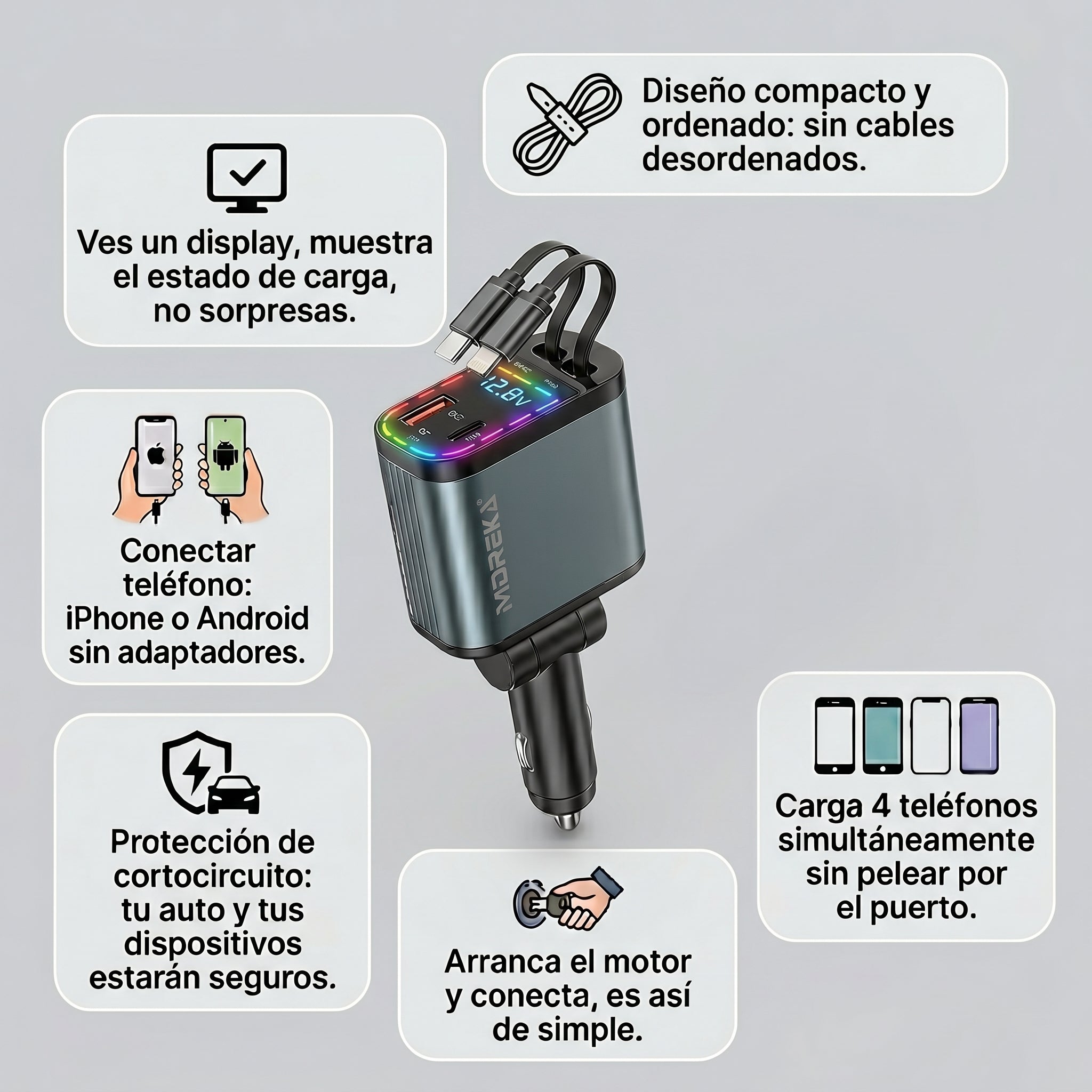 Cargador para Auto 70cm 66W 4 en 1 con Pantalla  Colspo CP0091B