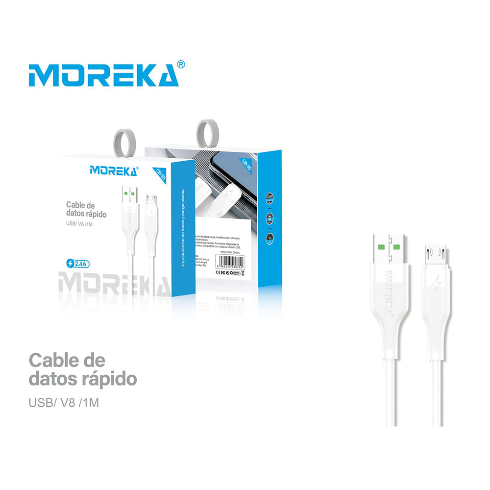 Cable Tipo V8 Micro USB, Moreka CB-35, 2.4 1 M.