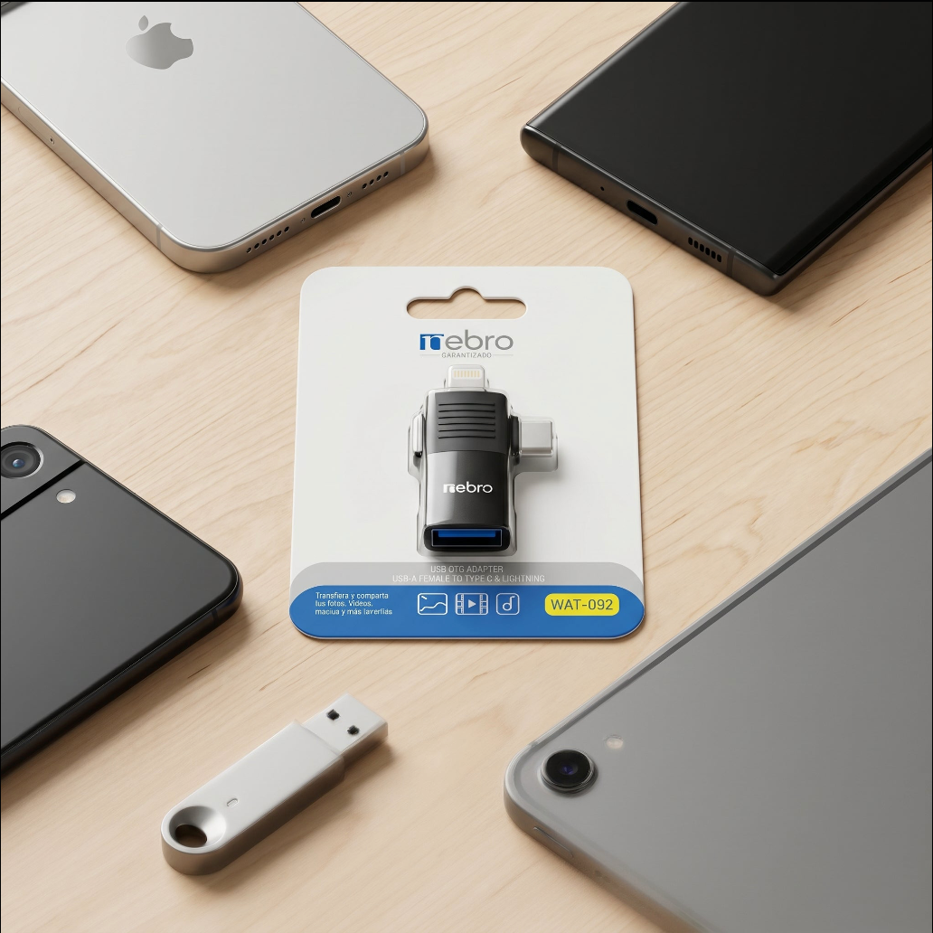 Adaptador USB OTG Nebro WAT-092 USB-A Hembra a Tipo-C y Lightning