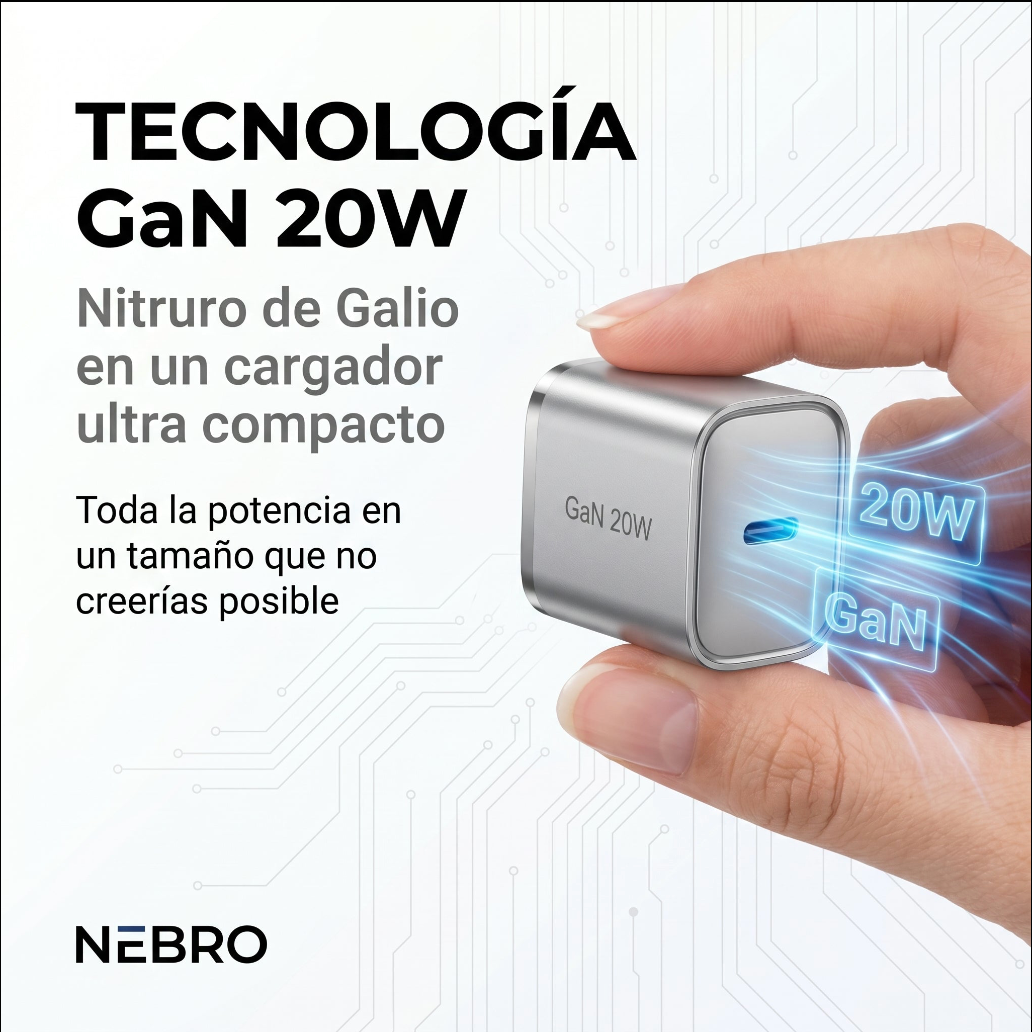 Cargador Mini GaN Nebro VGA-052T 20W Tecnología de Nitruro de Galio USB-C Carga Rápida PD