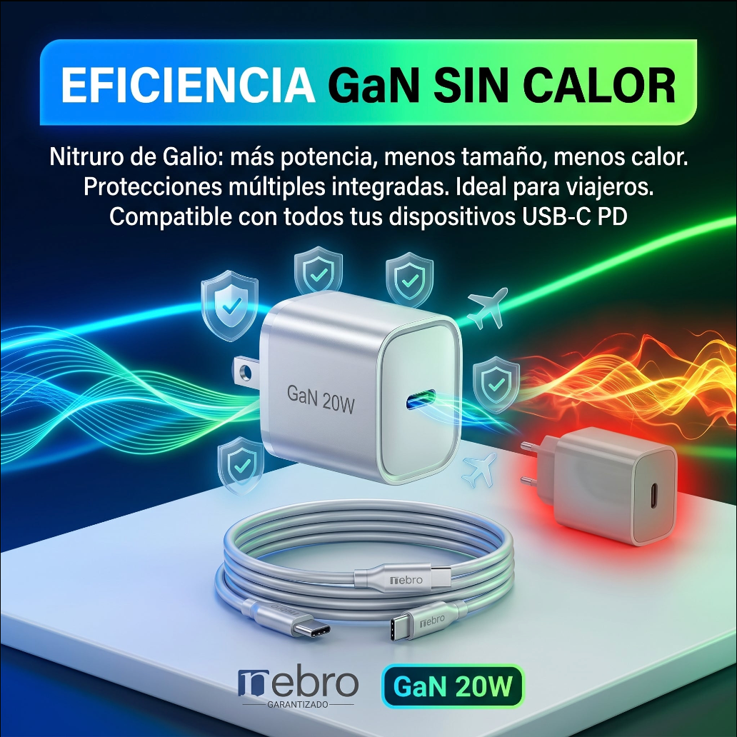 Cargador Mini GaN Nebro VGA-052T 20W Tecnología de Nitruro de Galio USB-C Carga Rápida PD