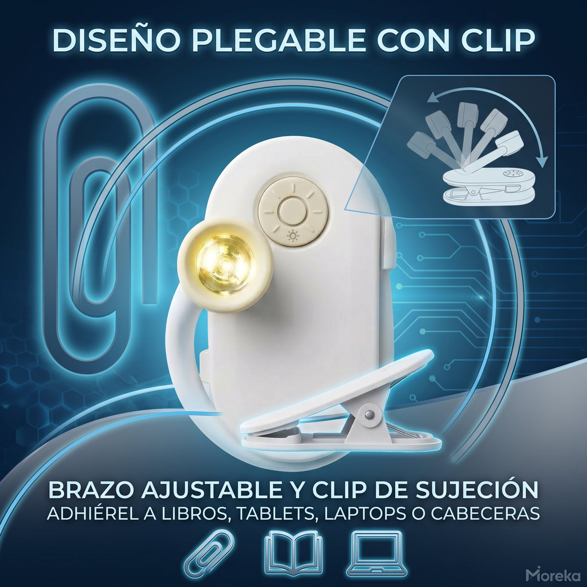 Mini Lámpara de Lectura Moreka D053 con Clip, 3 Tonos de Luz y Batería Recargable