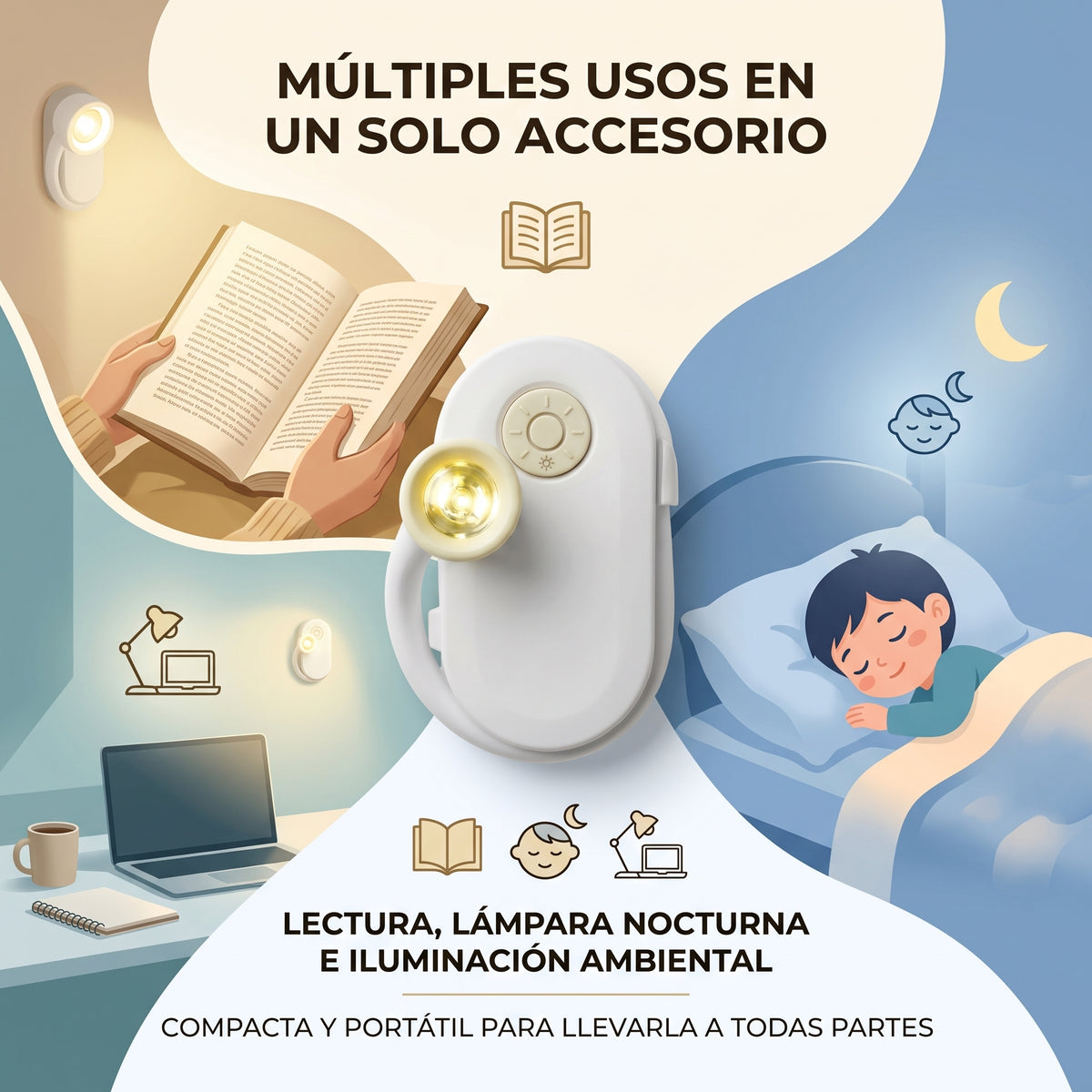 Mini Lámpara de Lectura Moreka D053 con Clip, 3 Tonos de Luz y Batería Recargable