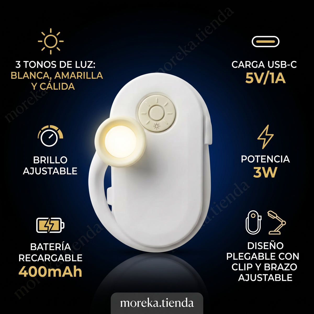 Mini Lámpara de Lectura Moreka D053 con Clip, 3 Tonos de Luz y Batería Recargable