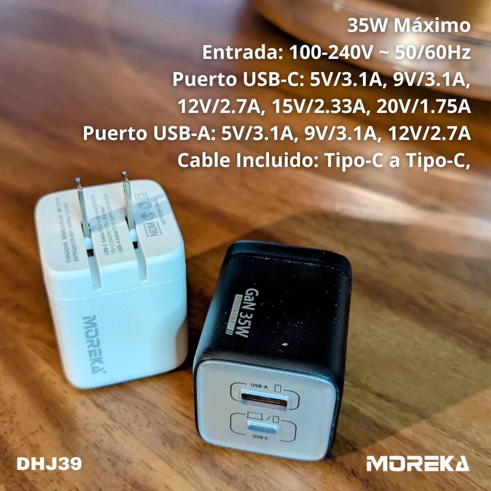 Cargador 35W GaN 5V- 3.1A puertos PD35W max & QC3.0 18W max Clavija plegable Moreka DHJ39