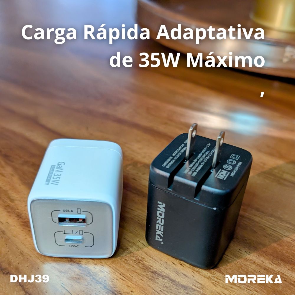 Cargador 35W GaN 5V- 3.1A puertos PD35W max & QC3.0 18W max Clavija plegable Moreka DHJ39