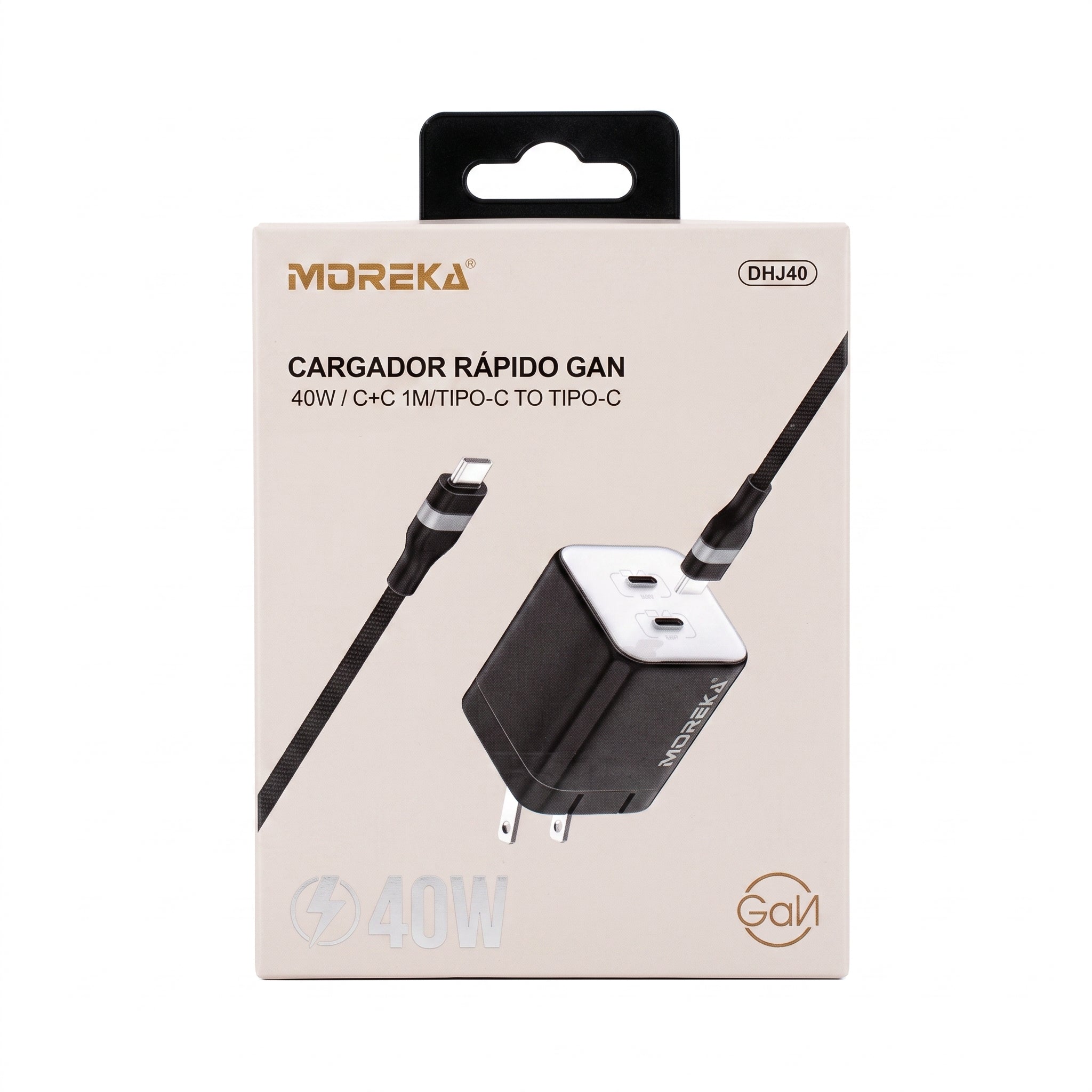 Cargador Rápido GaN Moreka DHJ40 40W con Doble USB-C y Cable Tipo-C