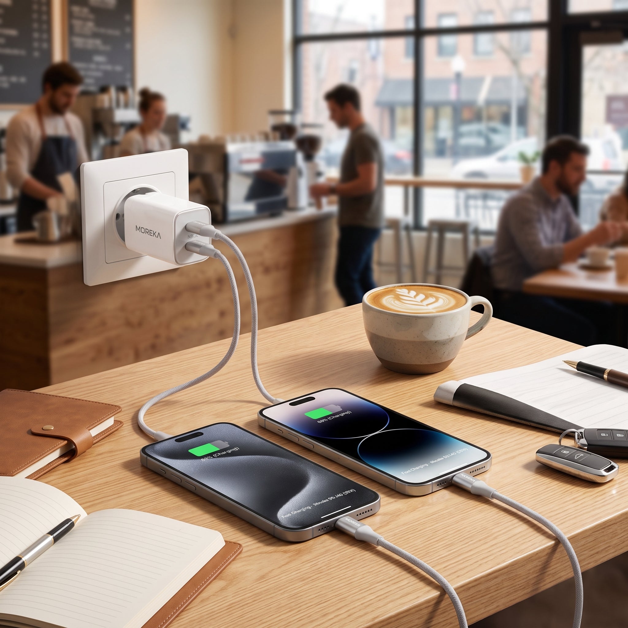 Cargador Rápido GaN Moreka DHJ40 40W con Doble USB-C y Cable Tipo-C