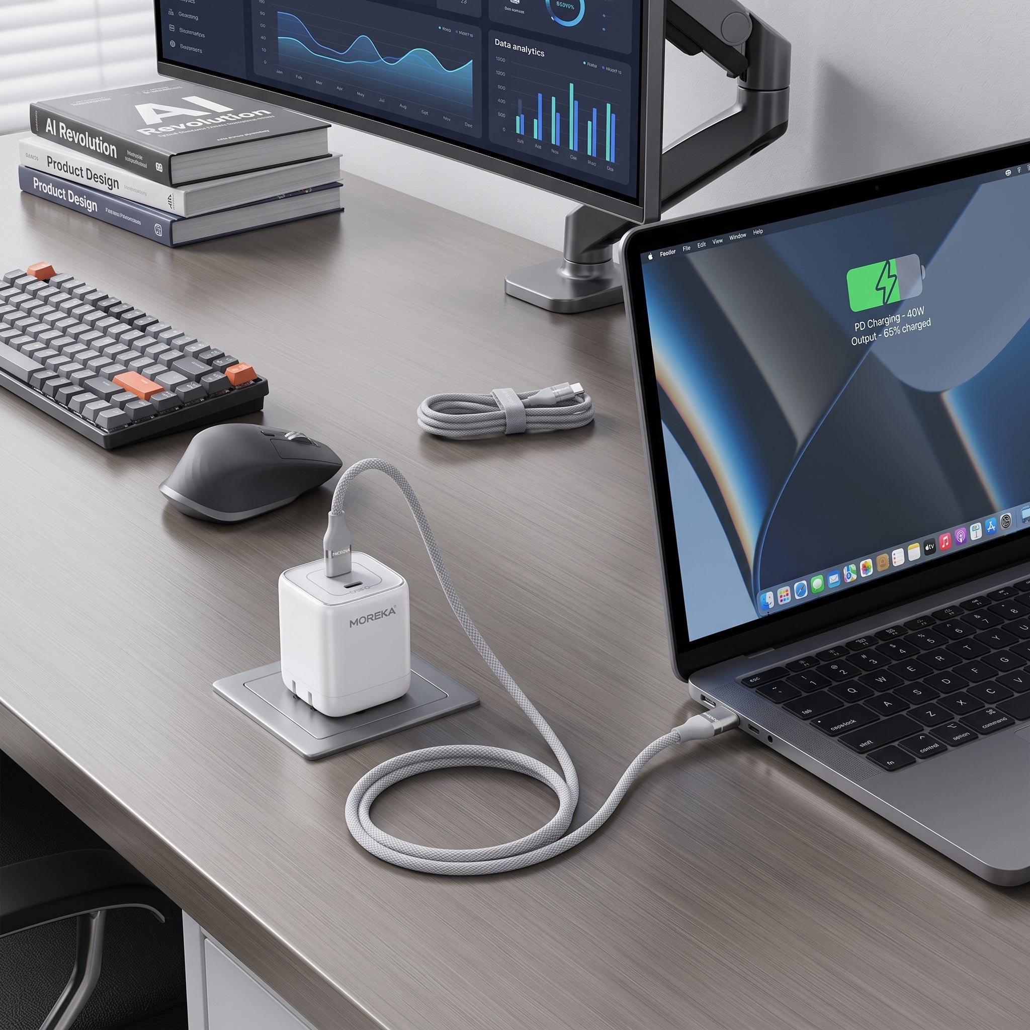 Cargador Rápido GaN Moreka DHJ40 40W con Doble USB-C y Cable Tipo-C