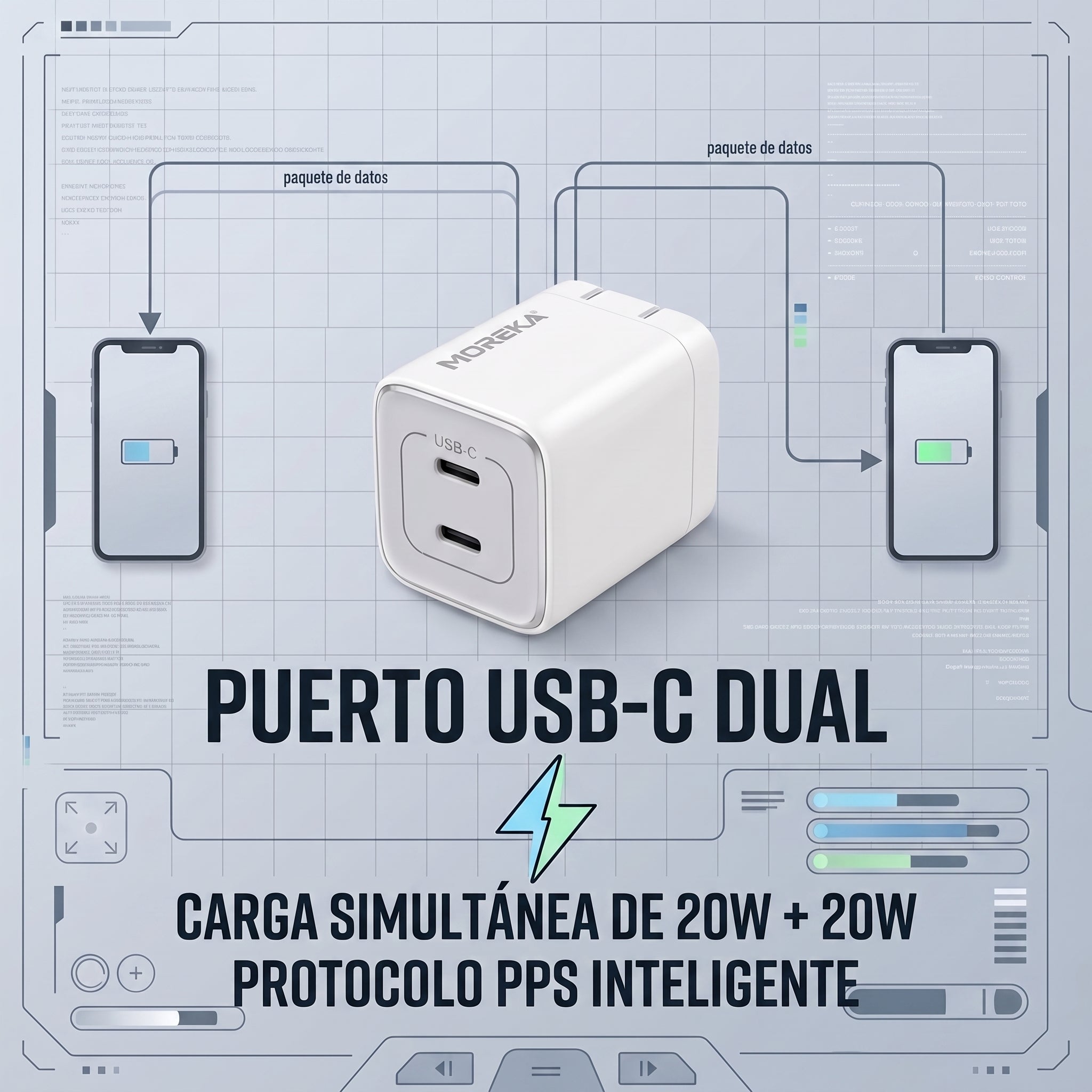 Cargador Rápido GaN Moreka DHJ40 40W con Doble USB-C y Cable Tipo-C