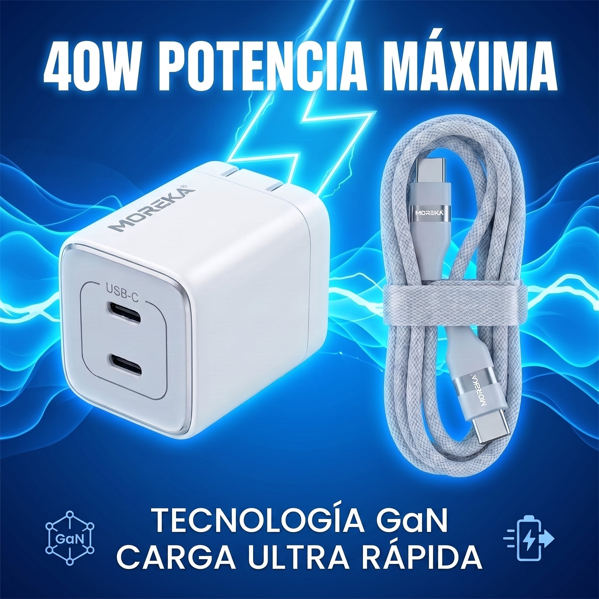 Cargador Rápido GaN Moreka DHJ40 40W con Doble USB-C y Cable Tipo-C