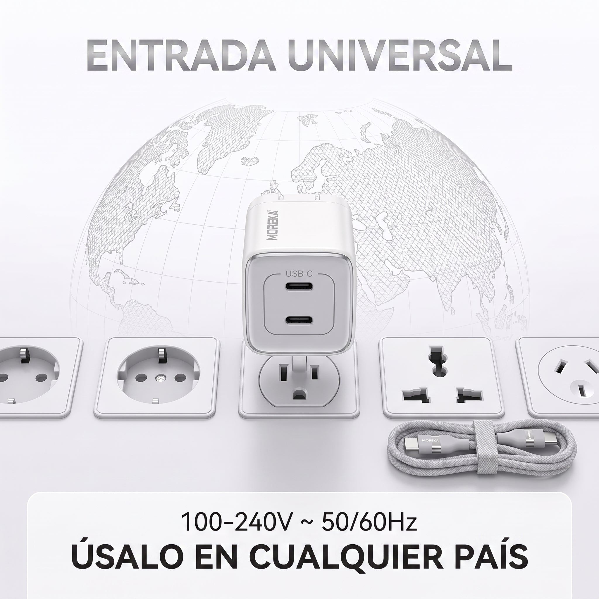 Cargador Rápido GaN Moreka DHJ40 40W con Doble USB-C y Cable Tipo-C