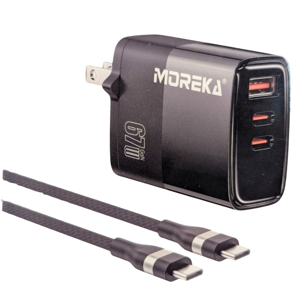 Cargador 67W GaN 5V- 3A 3 Puertos C1 C2 cable tipo C Moreka DHJ41