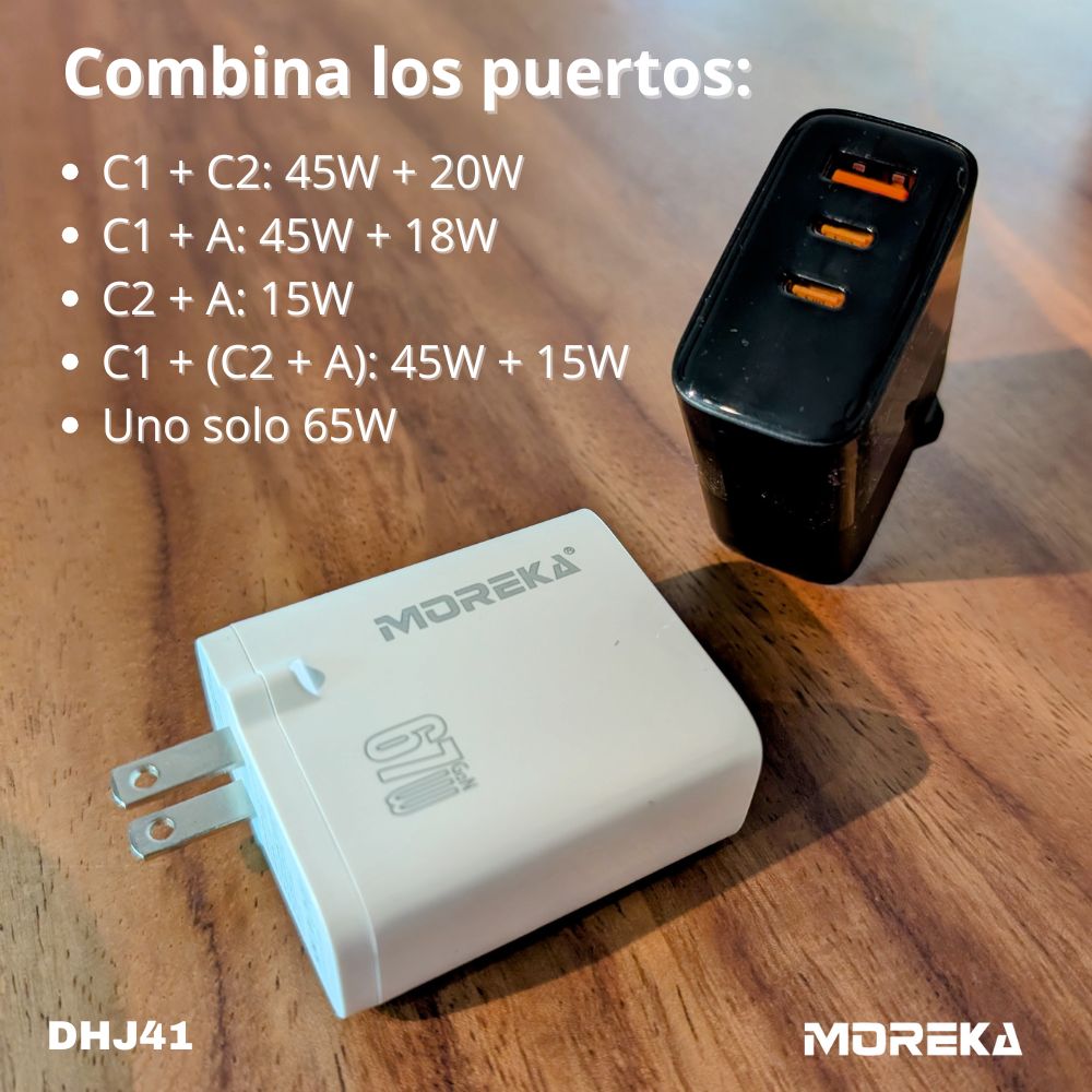 Cargador 67W GaN 5V- 3A 3 Puertos C1 C2 cable tipo C Moreka DHJ41
