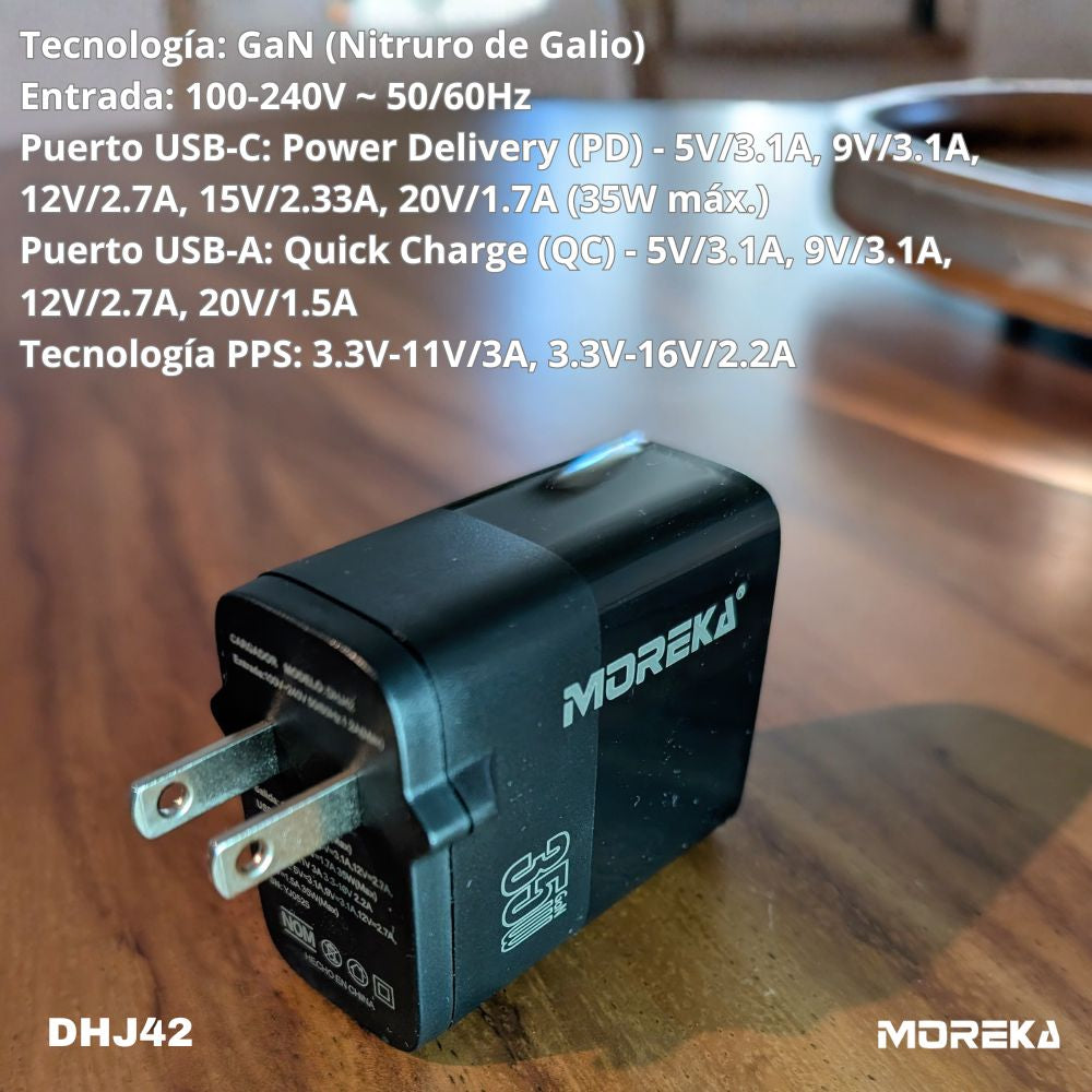 Cargador 35W GaN 5V- 3A 2 Puertos PD 35W max QC3.1  cable tipo C Moreka DHJ42