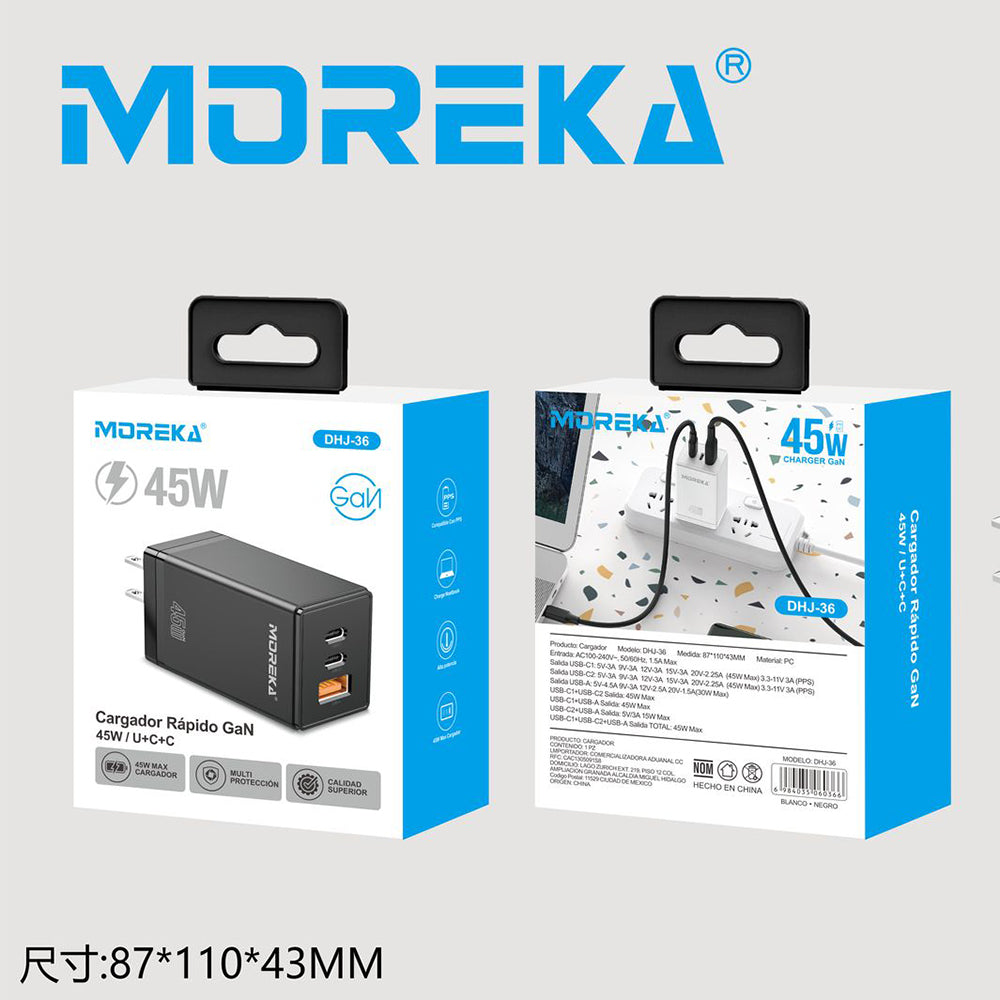 Turbo Cargador 45W 3 puertos C1 45W C2 45W USB A 30W GAN ideal para Notebook DHJ-36
