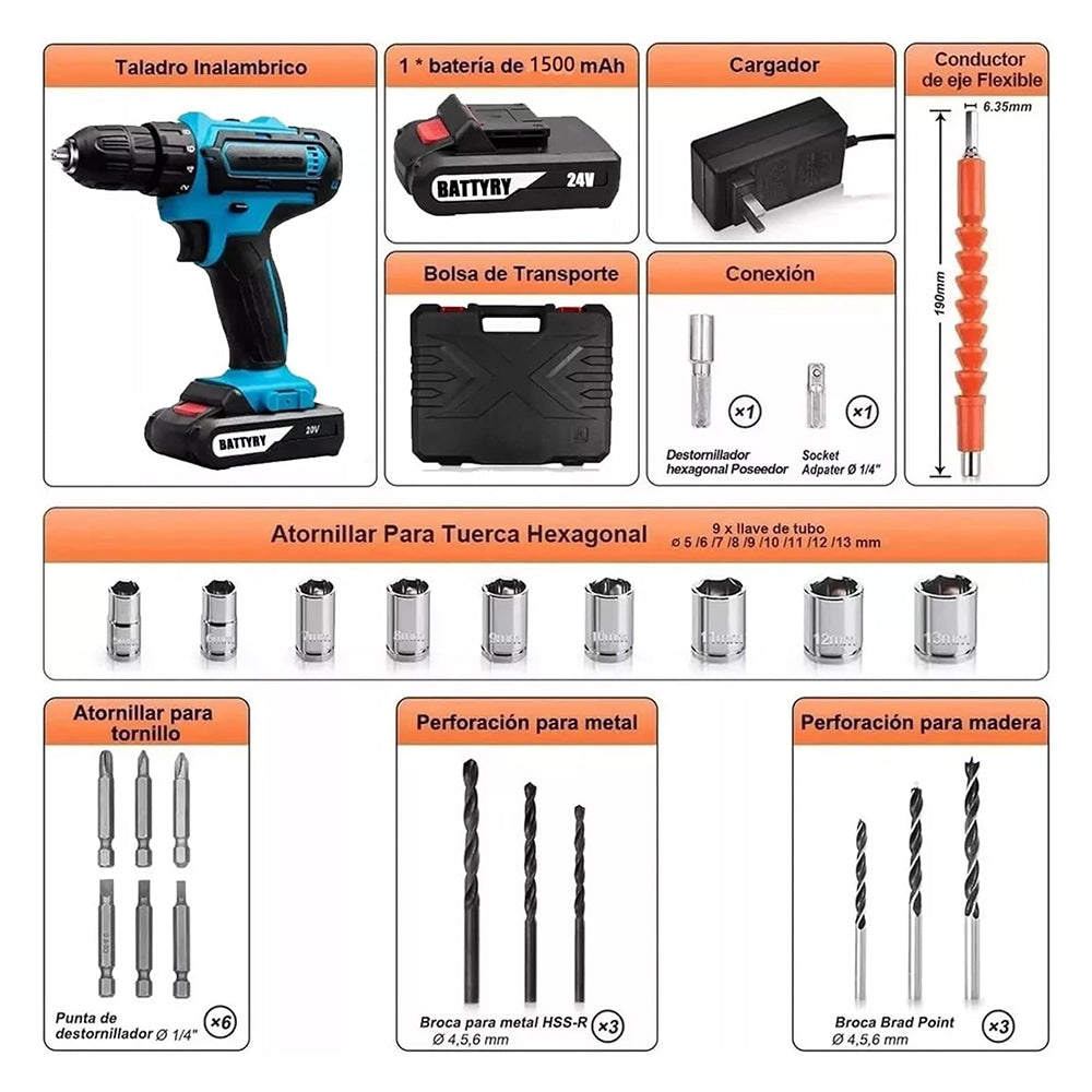 24V Taladro  Inalambrico Tres En Uno atornillado taladrado impacto Moreka Modelo DZ085