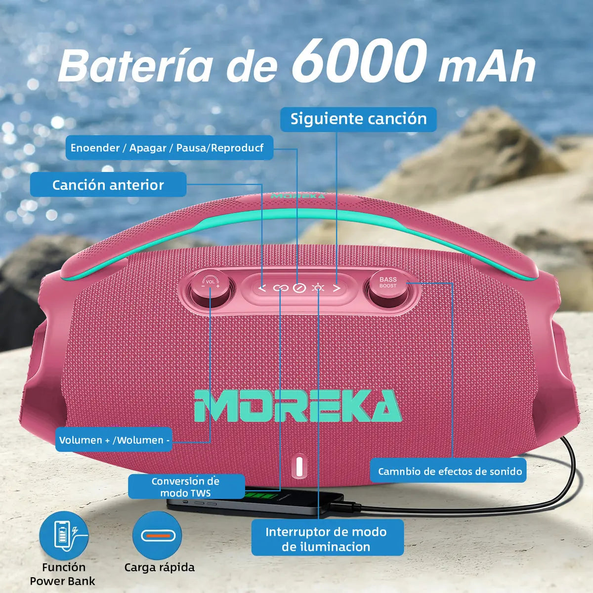 MOREKA A40 Bocina Bluetooth 70W  BT 5.3 10m,  Tipo-C, IPX6, LED RGB