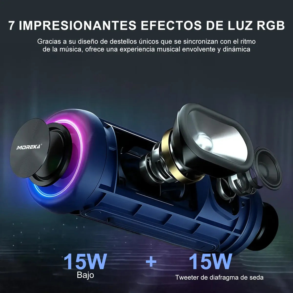 Bocina Bluetooth Portátil Moreka A53 Sonido de 30W con luces RGB IPX6