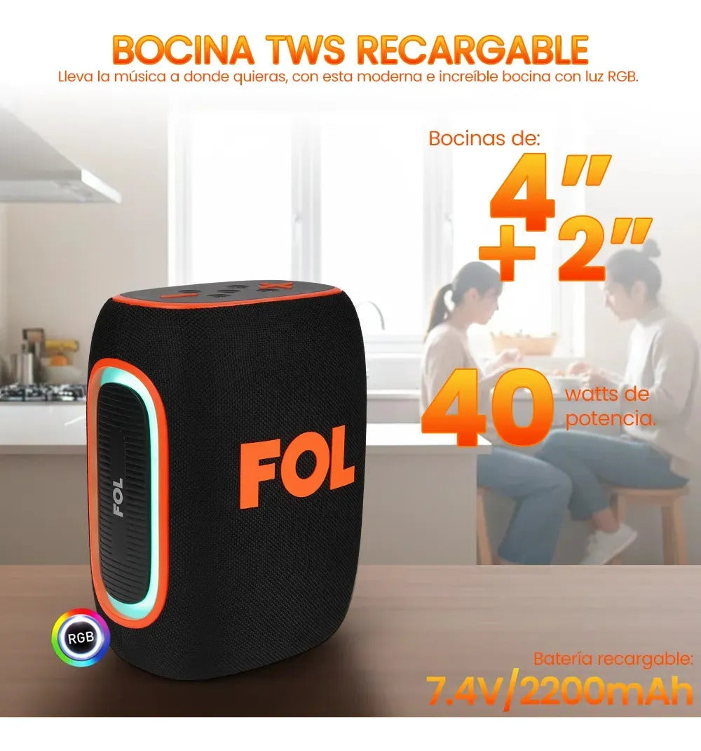 Bocina Portátil Bluetooth FOL FS-D30 PRO 40W  Woofer 4' + Tweeter 2' 5hrs bateria