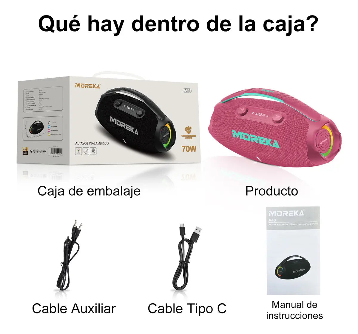 MOREKA A40 Bocina Bluetooth 70W  BT 5.3 10m,  Tipo-C, IPX6, LED RGB