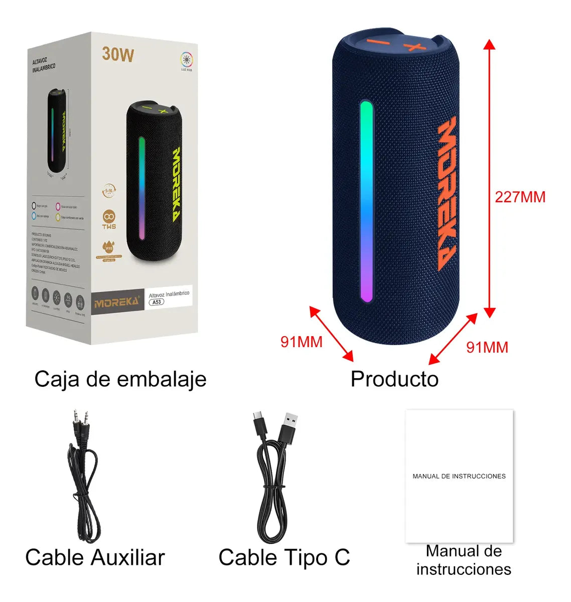 Bocina Bluetooth Portátil Moreka A53 Sonido de 30W con luces RGB IPX6