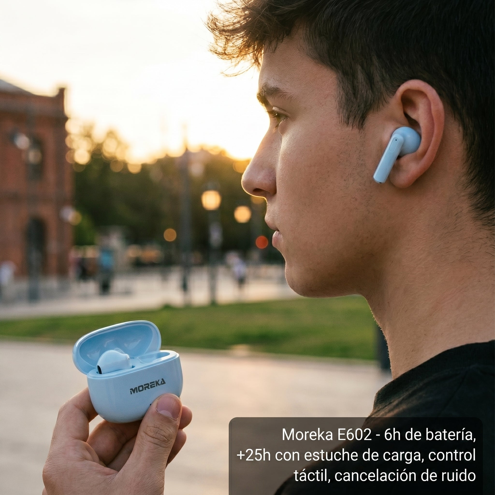 Audífono Inalámbrico Moreka E602 31h con Estuche Cancelación de Ruido Táctil Interruptor Libre
