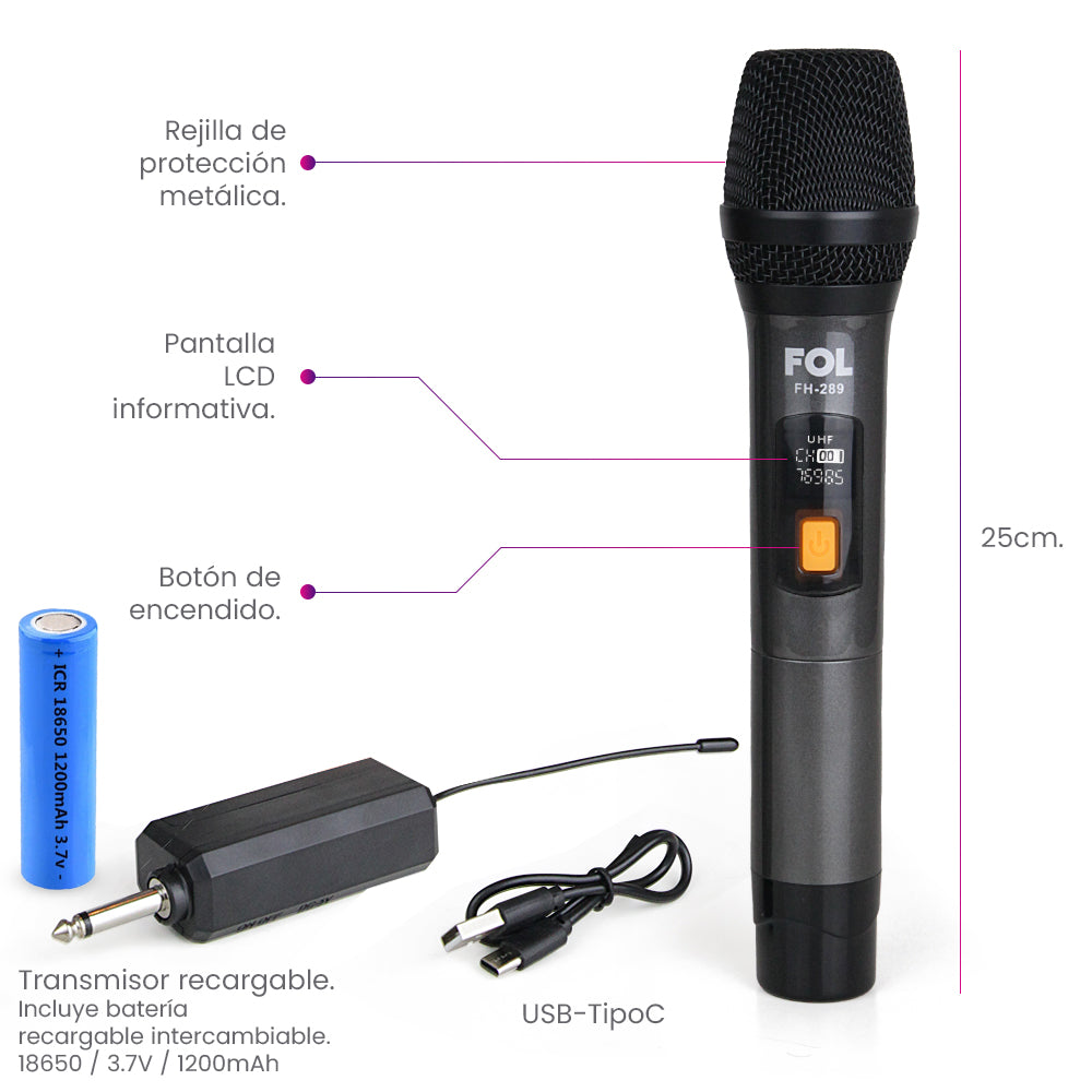 Paquete de dos Micrófonos Inalámbricos con Transmisor conector 6.3mm FOL FH-289