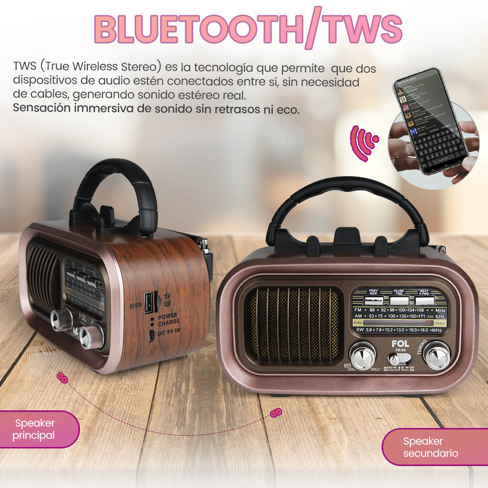 Radio AM/FM/SW Fol Bluetooth, TF Card, Radio FM, USB  TWS FR-08