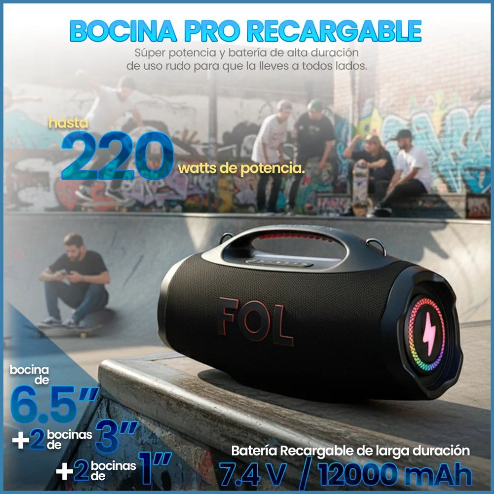 Bocina FOL FS-R208 220W 12000mAh 10hrs de bateria Bluetooth IPX6