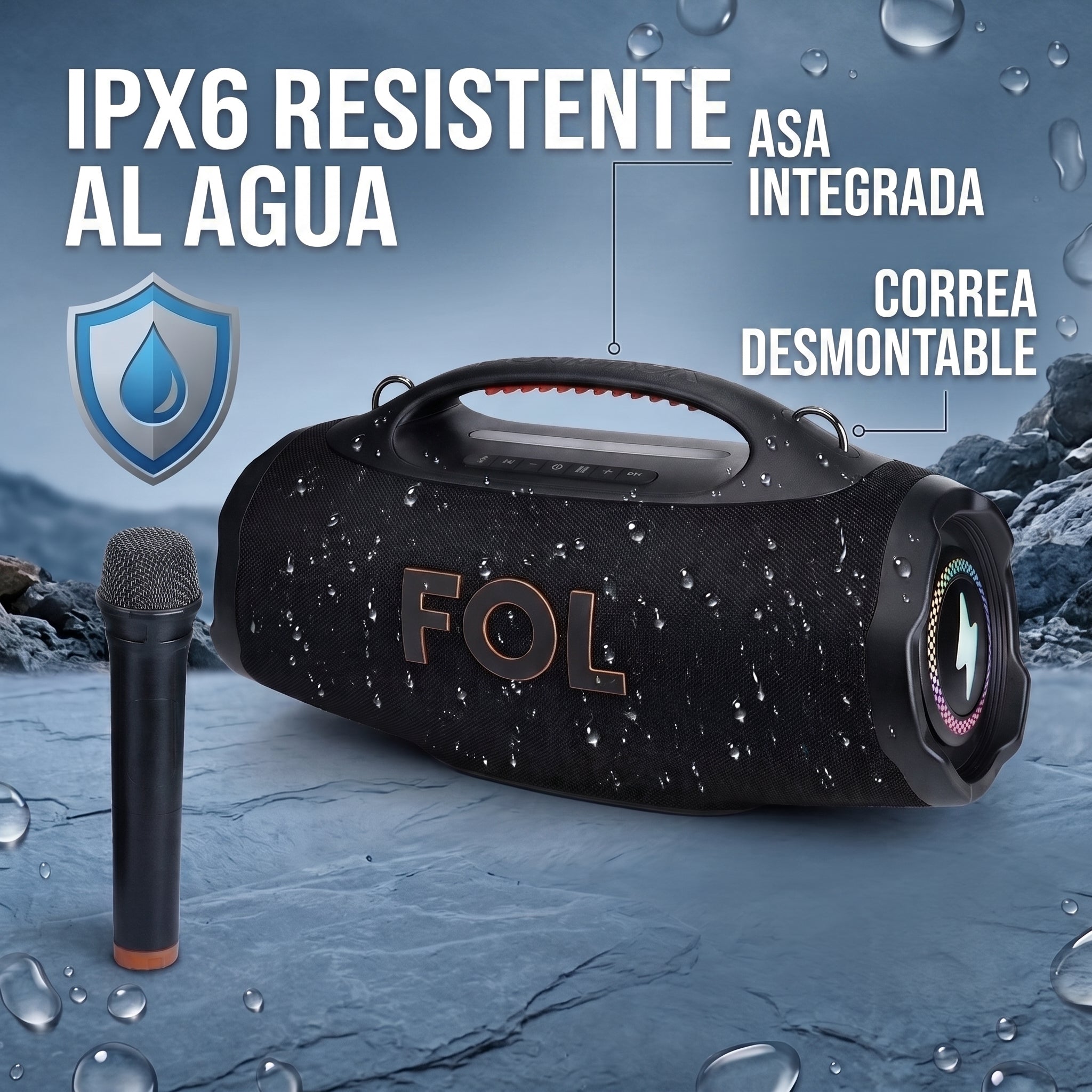 Bocina TWS FOL FS-R208L 220W C/ Micrófono 12000mAh Protección IPX6