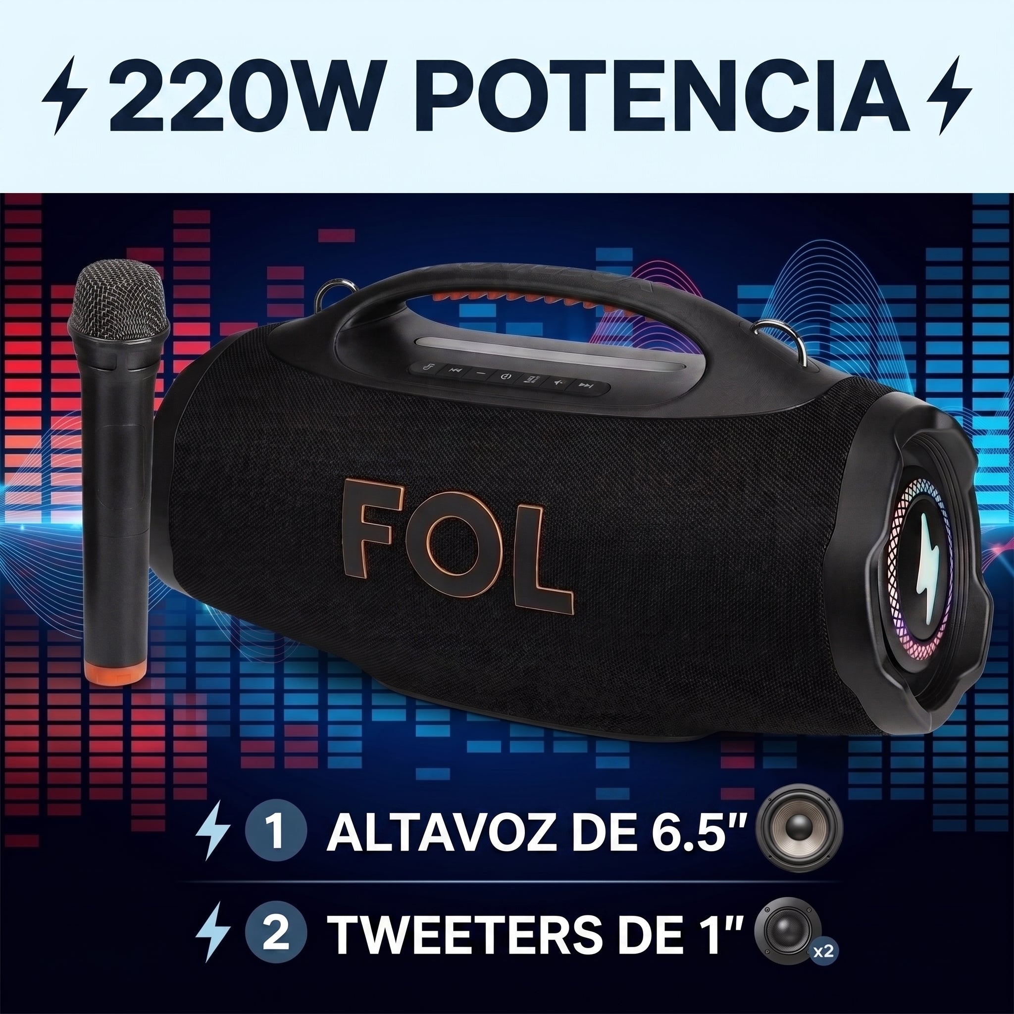 Bocina TWS FOL FS-R208L 220W C/ Micrófono 12000mAh Protección IPX6