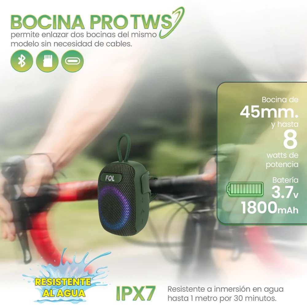Bocina Moto Bluetooth FOL FS-S195 TF Card Radio FM 1800mAh 8W Resistente al agua IPX6