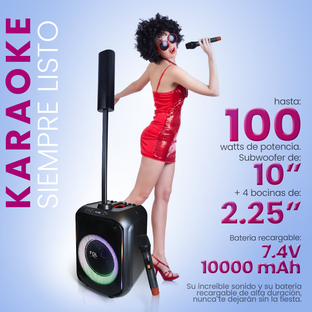 Torre de Sonido 100W Subwoofer 10″ + 4 bocinas de 2.25″con Micrófono Recargable FS-T828