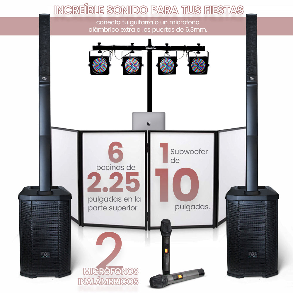 Torre de Sonido 600W Subwoofer 12″ + 6 bocinas de 2.25″con 2 Micrófonos FS-T900