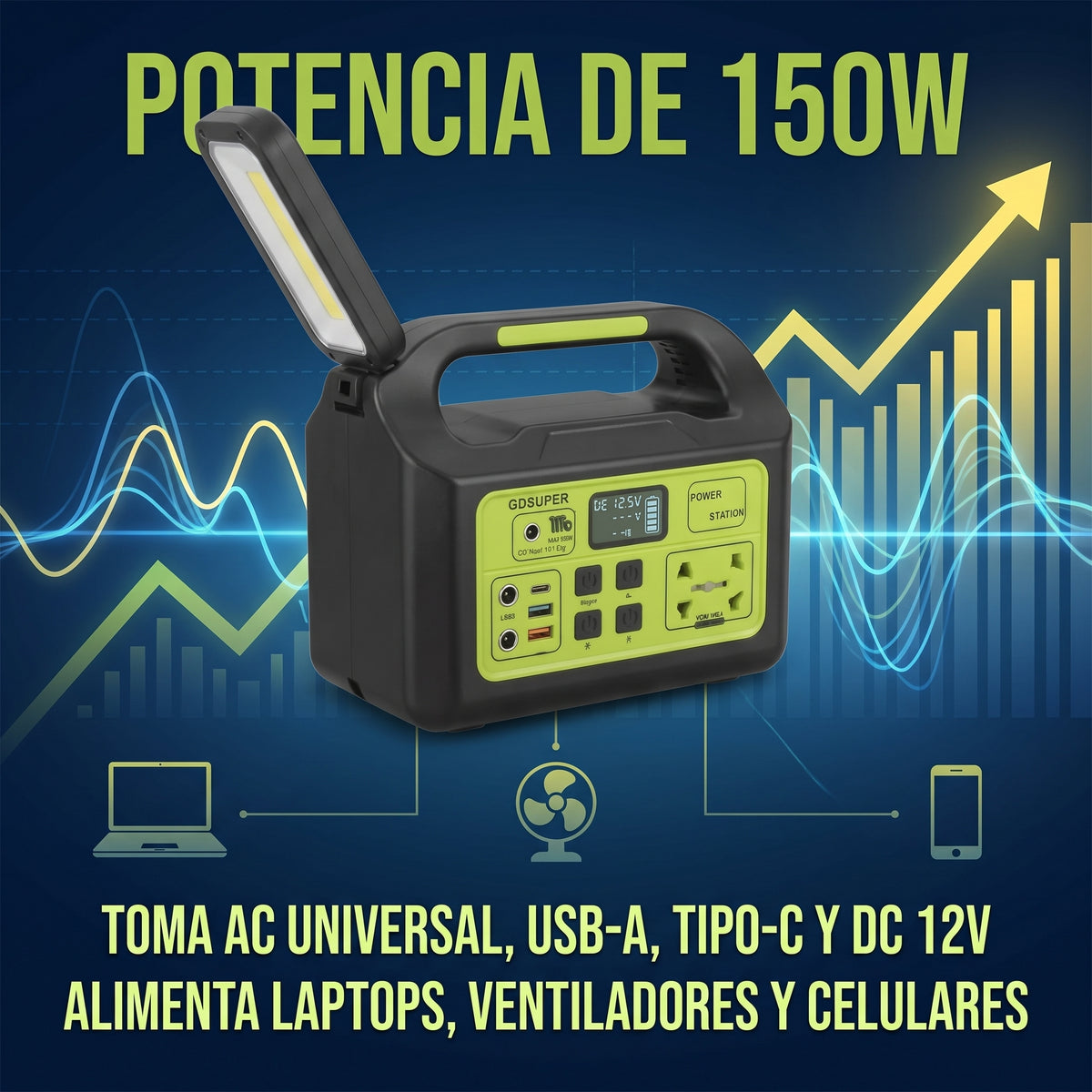 Estación de Energía Portátil Moreka GD-1225 150W Generador Solar Kit Iluminación