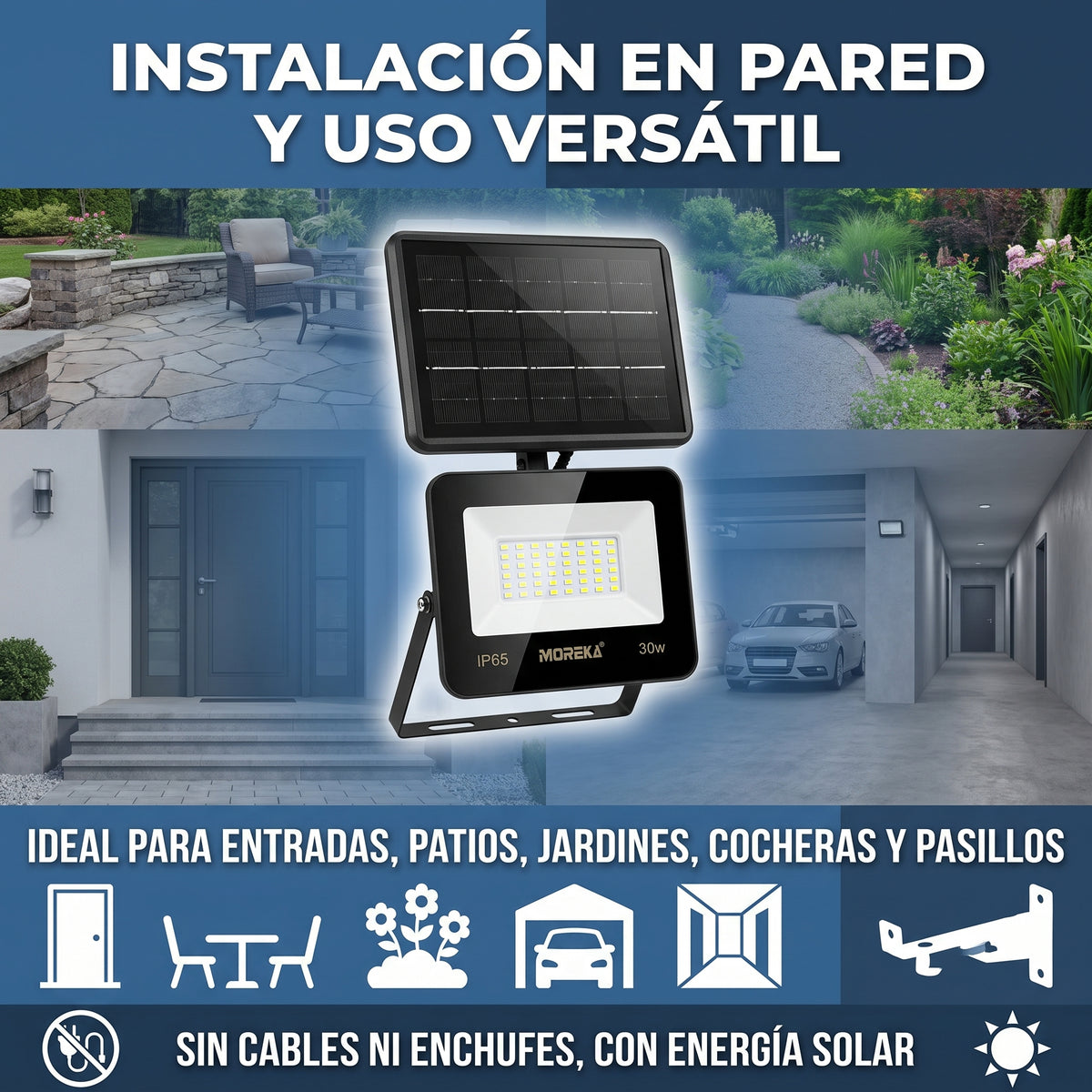 Reflector Solar LED Moreka GD-XX30W 30W con Sensor Radar, Control Remoto e IP65