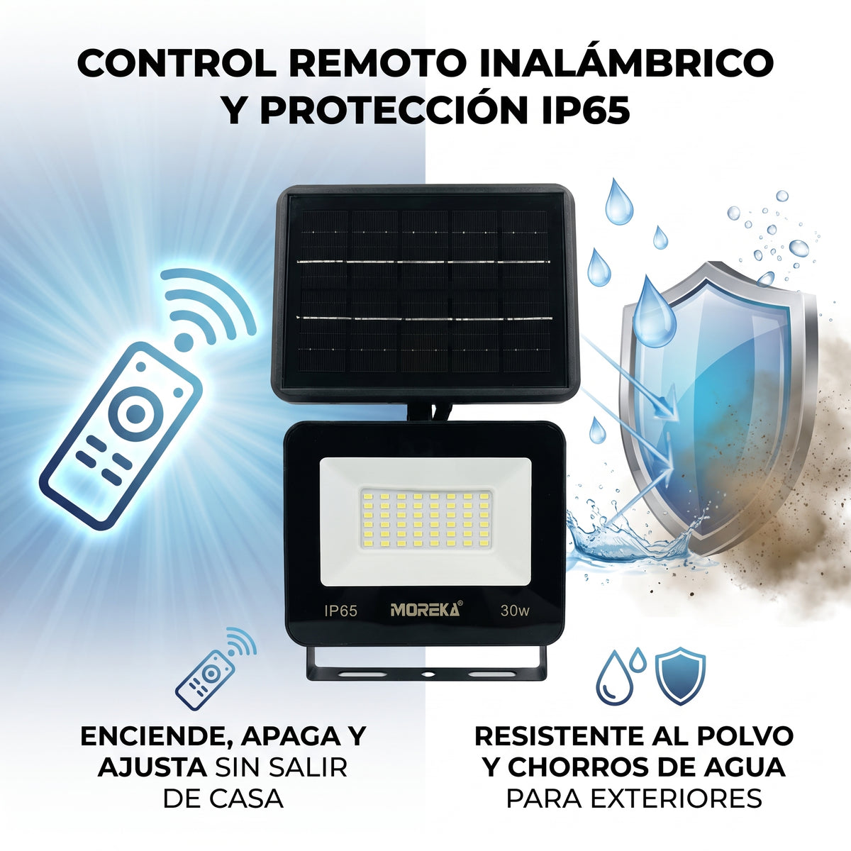 Reflector Solar LED Moreka GD-XX30W 30W con Sensor Radar, Control Remoto e IP65