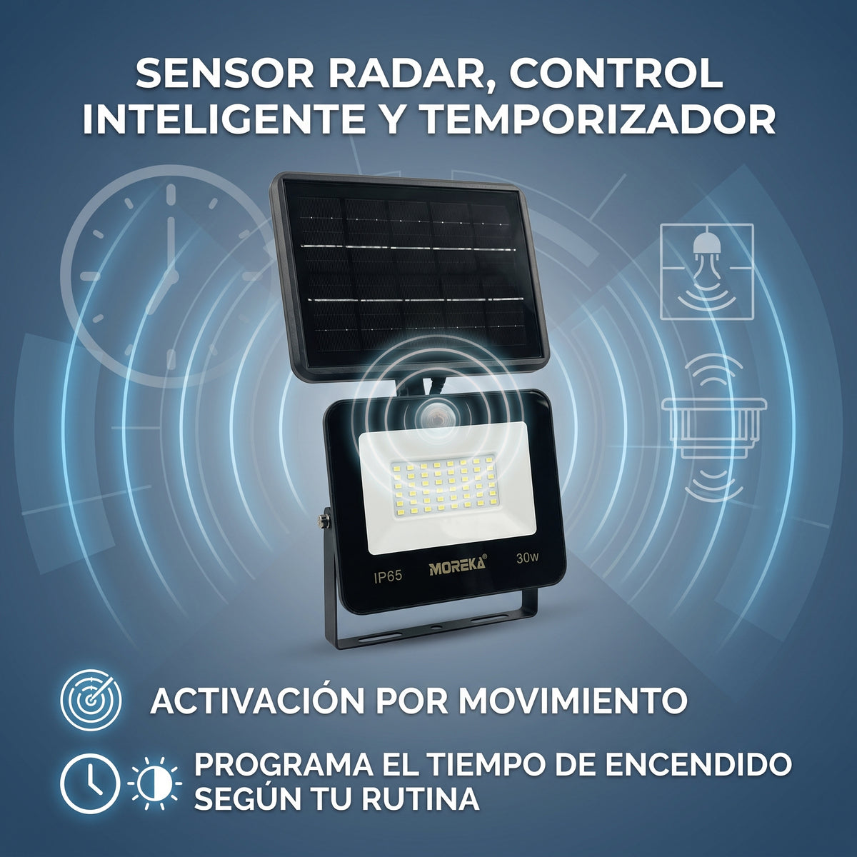 Reflector Solar LED Moreka GD-XX30W 30W con Sensor Radar, Control Remoto e IP65
