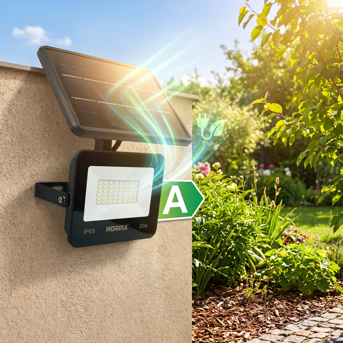 Reflector Solar LED Moreka GD-XX30W 30W con Sensor Radar, Control Remoto e IP65