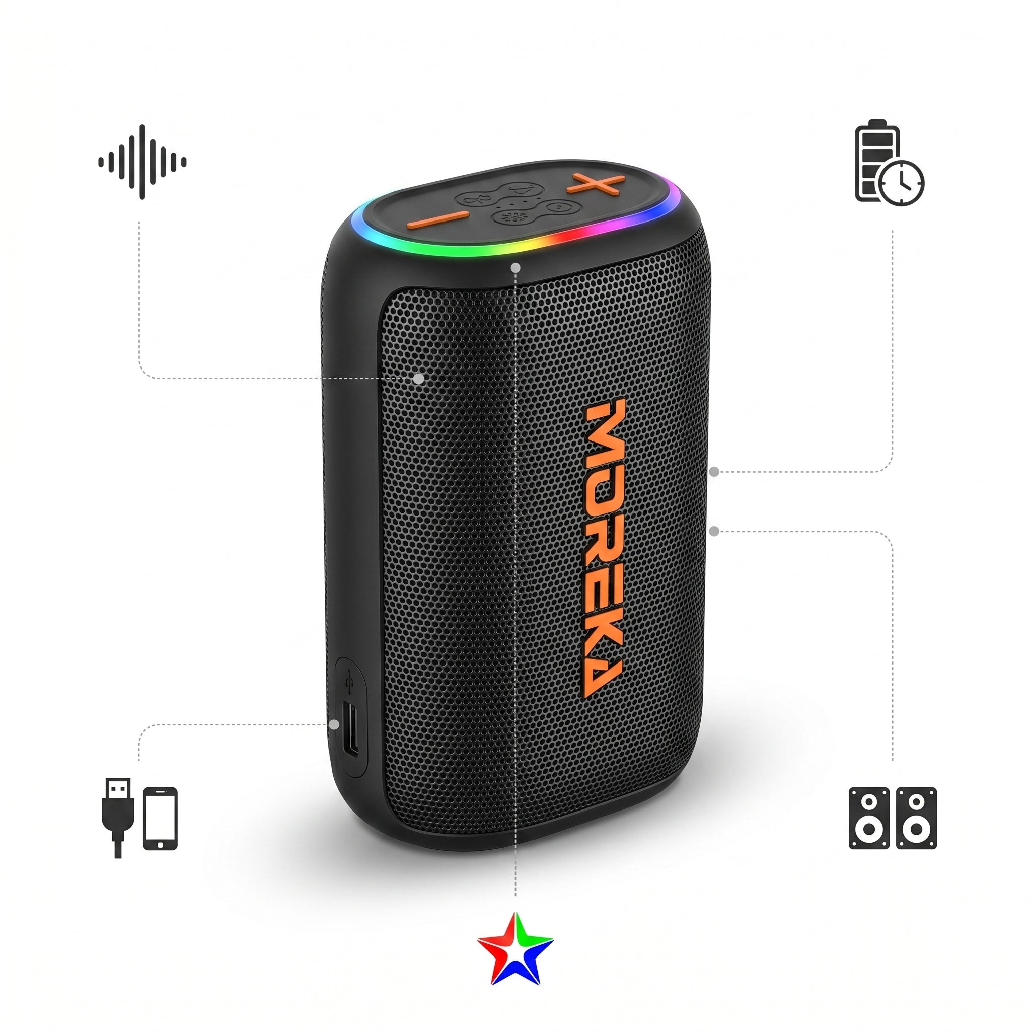 Altavoz Inalámbrico Moreka 442 20W con Batería 10000mAh  46 Horas de Reproducción TWS Estéreo Luz RGB Power Bank y Entrada para Tarjeta TF