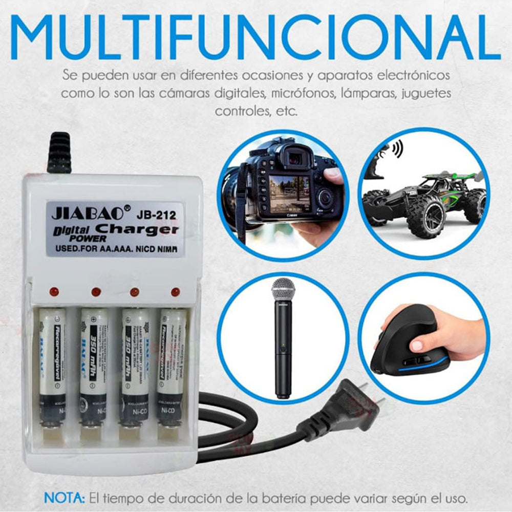 Cargador De Pilas Baterías Recargables Aa / Aaa +4 Pilas AA JB212